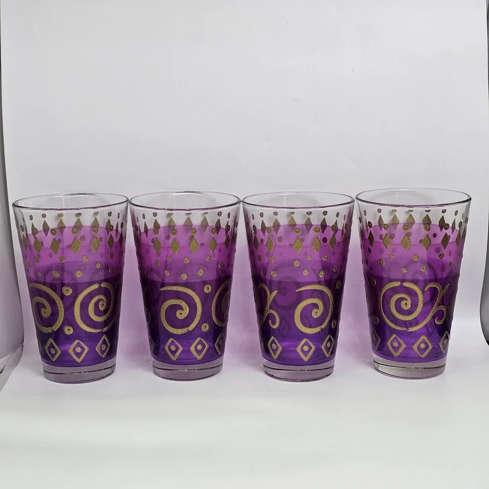 Cerve Italy Purple Gold Moroccan Scroll Glass Tumblers Set of 4 Mediterranean